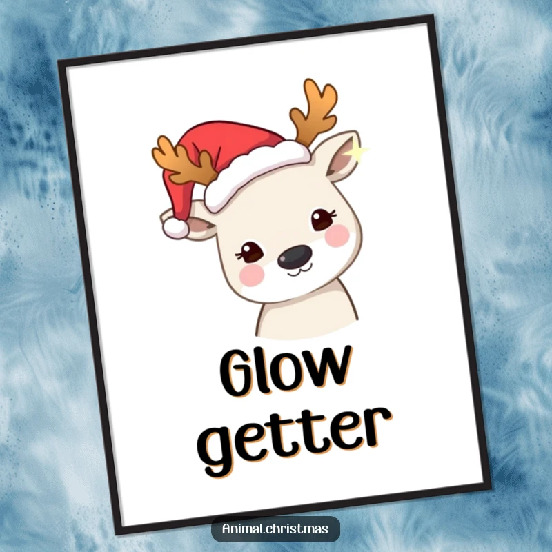 Funny poster of an animal wearing festive antlers, curiously peering at a twinkling light, capturing holiday wonder.