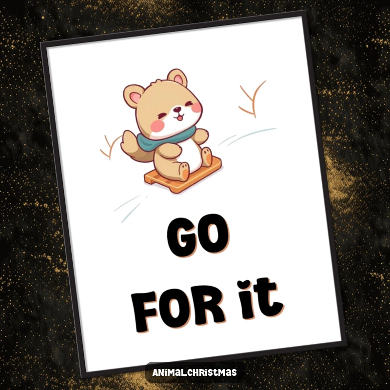 Funny poster of an animal gleefully sliding down a snowy hill on a sled, capturing the pure joy of winter.