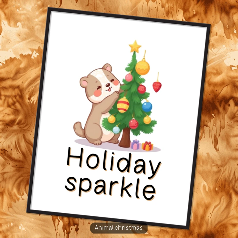 Funny poster art of a joyful animal adorning a miniature pine tree with ornaments, celebrating holiday crafting and creativity.