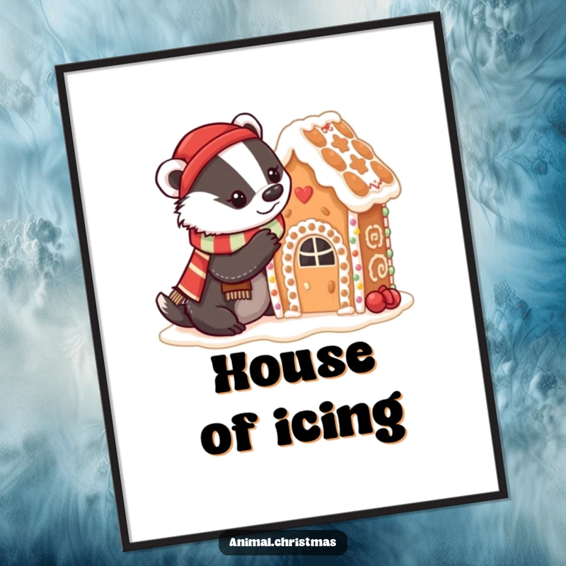 Funny badger baking poster of a badger in a festive scarf decorating a gingerbread house with icing, whimsical kitchen art.