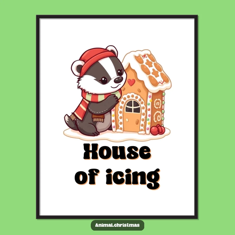 Funny Badger Baking Poster: Festive Scarf & Gingerbread House Decor, Art Gift