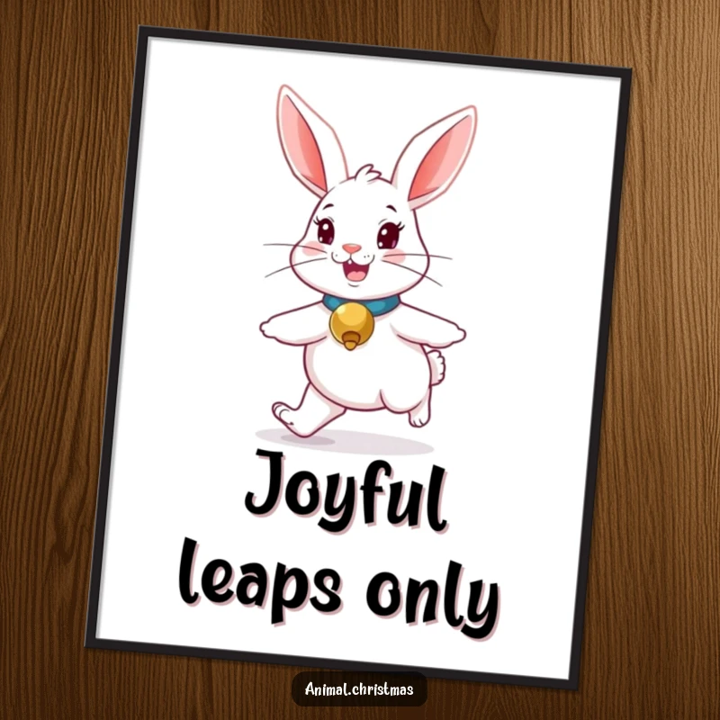 Funny rabbit poster, a cute bunny with a jingle bell collar, hopping merrily, adding whimsical decor.