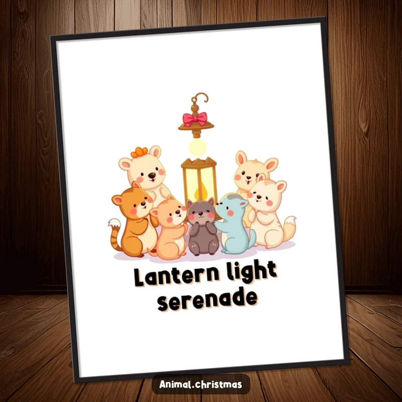 Funny animal carolers poster depicting happy animals singing carols around a glowing lantern, perfect for festive wall art.