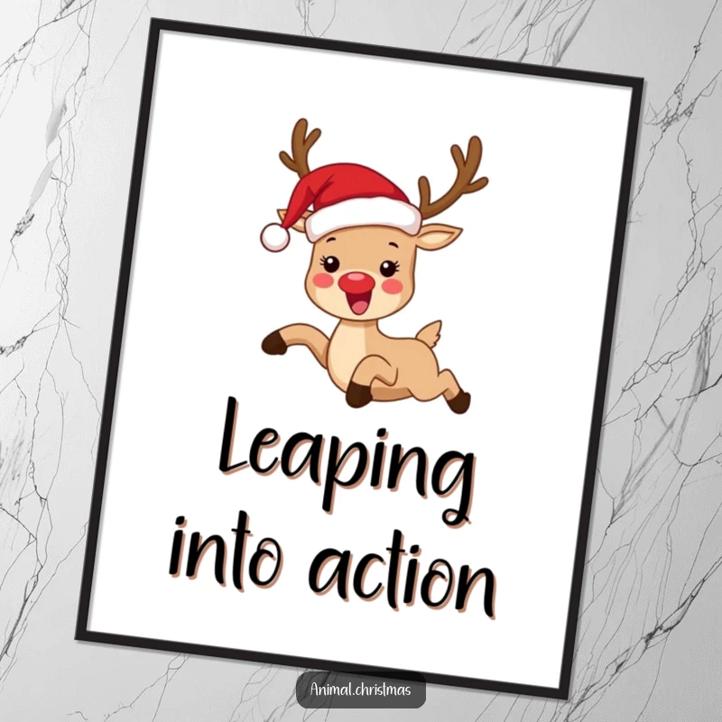 Funny poster showcasing a Santa hat-clad reindeer joyfully leaping, framed as whimsical and humorous Christmas wall decor.