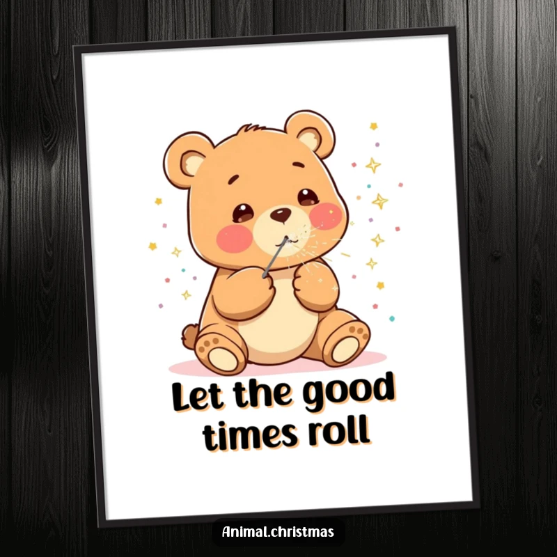 Funny kawaii bear poster, happily blowing sparkly confetti, cute celebration wall art, cheerful and festive illustration.