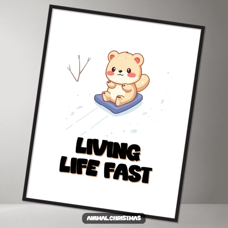 Funny Poster: An energetic animal joyfully slides down a snow-covered incline, embodying the playful spirit of winter.