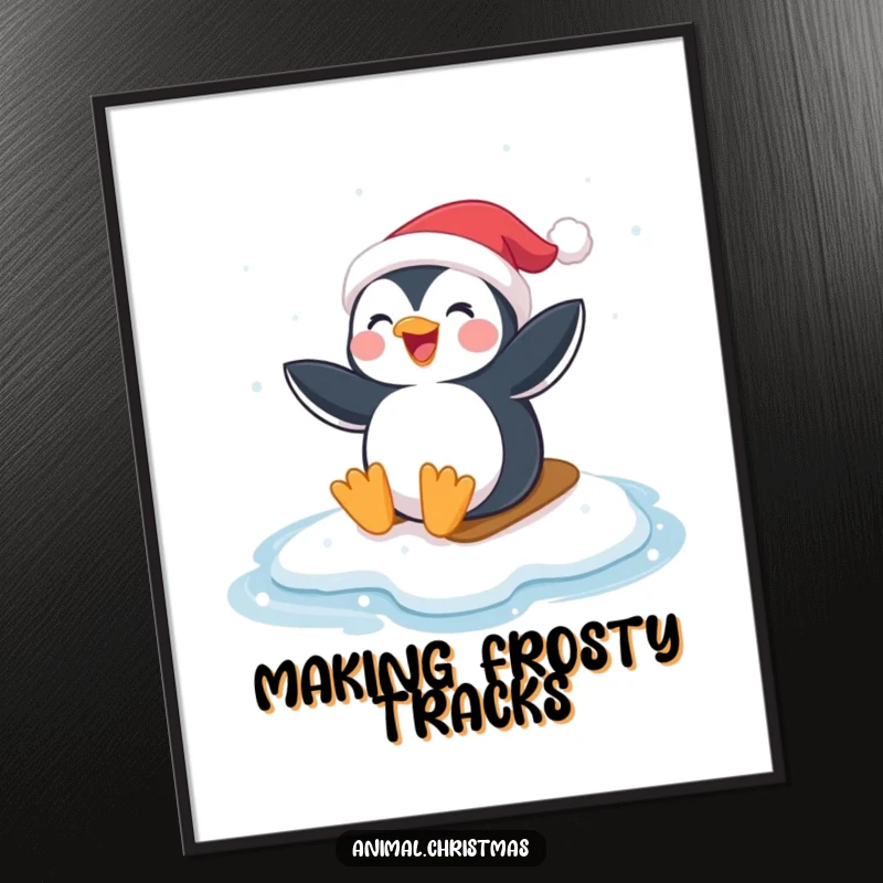 Funny Penguin Santa Poster: A penguin wearing a Santa hat joyfully sliding on ice, perfect holiday wall decor.