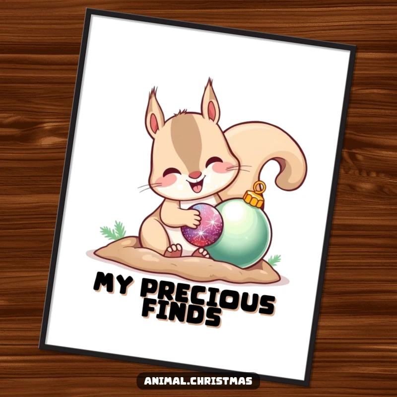 Funny poster art depicting a joyful squirrel burying a shiny ornament, bringing holiday cheer to any room.