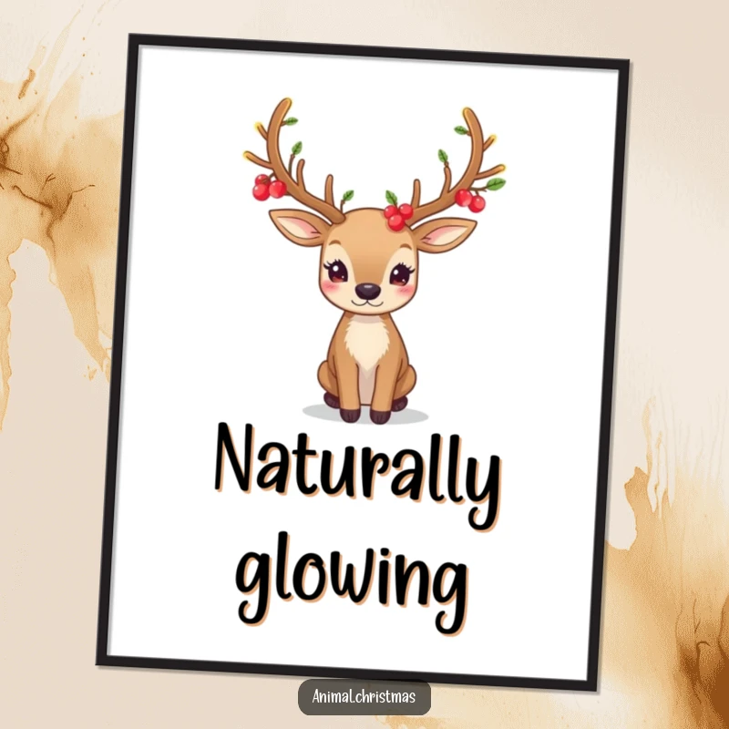 Funny poster art of a deer with festive antlers adorned with glowing berries, creating a magical and captivating scene.