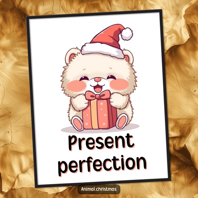 Funny poster of a fluffy animal in a Santa hat, joyfully unwrapping a present, capturing the essence of holiday excitement and cheer.