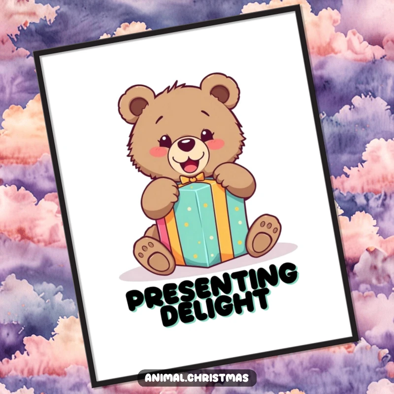 Funny poster of a bear cub ecstatically unwrapping a brightly colored present, radiating pure happiness and excitement.
