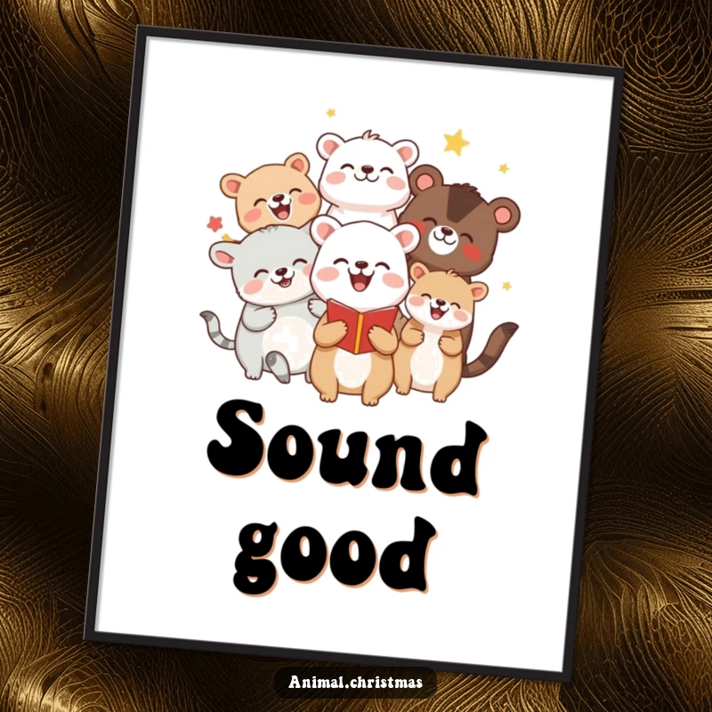 Funny poster of animals joyfully caroling with cheerful expressions, bringing festive music and humorous decor to any room.