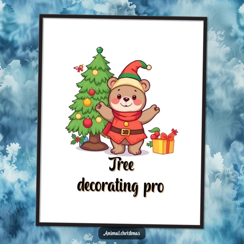 Funny poster of a cheerful bear dressed as an elf, decorating a Christmas tree with ornaments and lights.