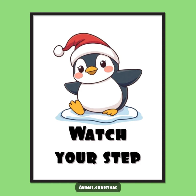 Funny Penguin Slip Poster - Santa Hat Winter Wall Art & Humor