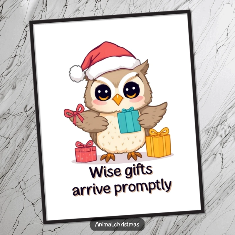 Funny poster featuring a cute, holiday-themed owl wearing a Santa hat, happily giving out presents.