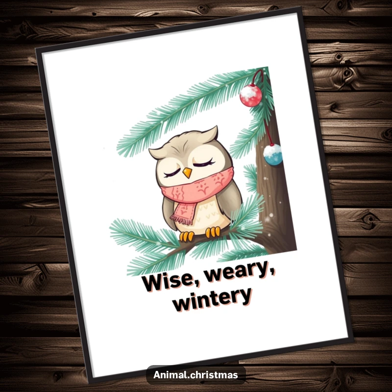 Funny Christmas poster of a sleepy owl with a knitted scarf, dozing inside a frosted pine tree, creating a serene winter scene.
