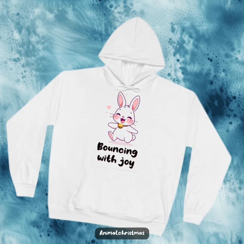 Funny hoodie with a cheerful bunny sporting a jingle bell collar, captured in an energetic, happy bounce.