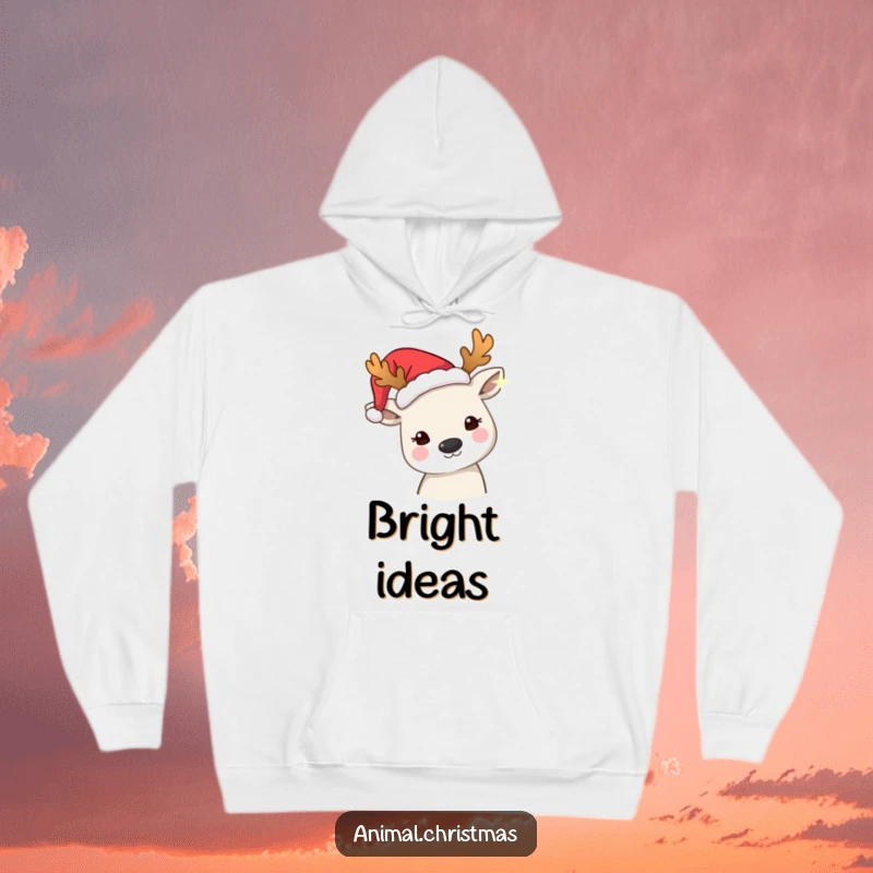 Funny hoodie depicting an animal wearing festive antlers, curiously observing a twinkling light, offering warmth and holiday magic.