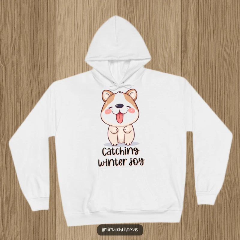 Funny Hoodie: An animal joyfully engages with falling snowflakes by catching them on its tongue, embodying winter delight.