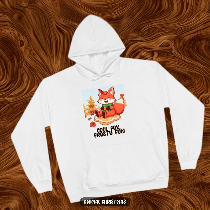 Funny Christmas hoodie showing a grinning red fox sliding gleefully down a snowy hill on a festive gingerbread cookie.