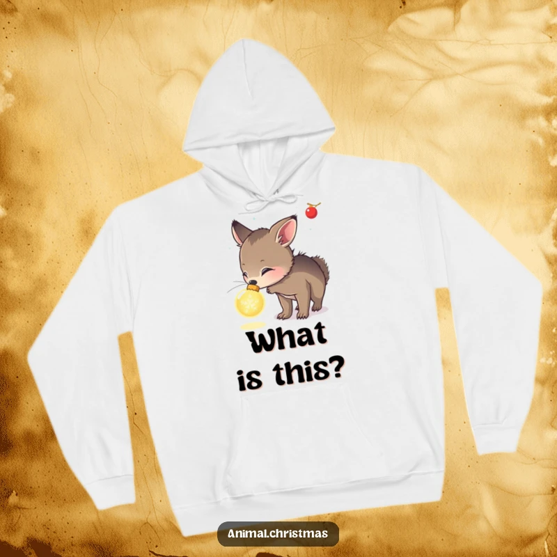 Funny hoodie depicting an animal curiously sniffing a glowing Christmas ornament, perfect for cozy holiday wonder.