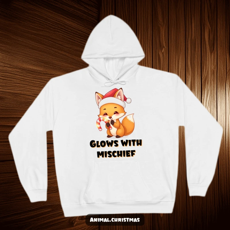 Funny hoodie of a fox wearing a Santa hat, holding a glowing candy cane, exuding festive warmth and sweet holiday cheer.