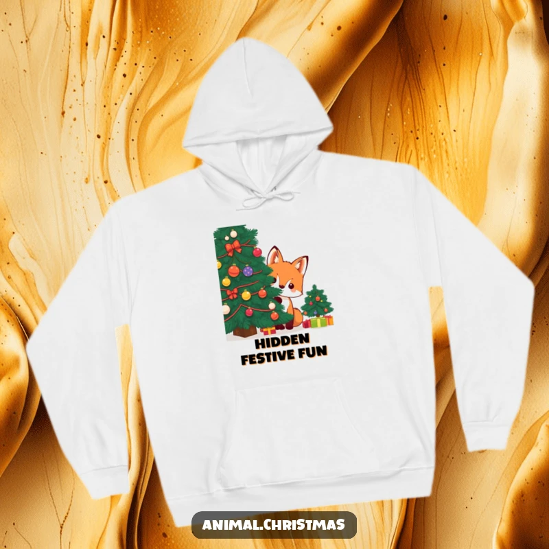 Funny kawaii fox peeking from a Christmas tree on a warm hoodie, embodying cozy holiday secrets.