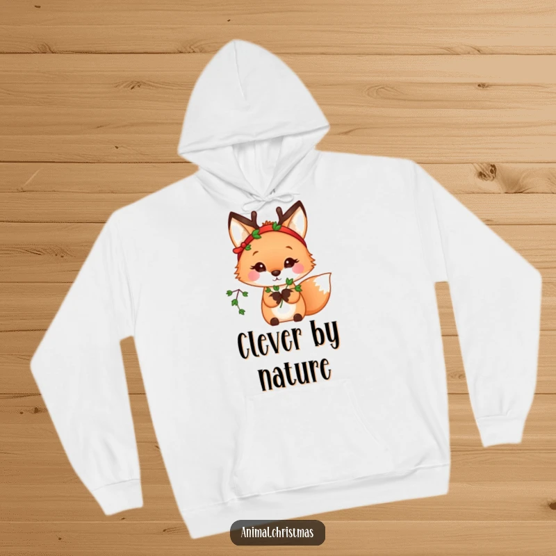 Funny kawaii fox wearing a reindeer headband, holding mistletoe, on a soft and warm hoodie.