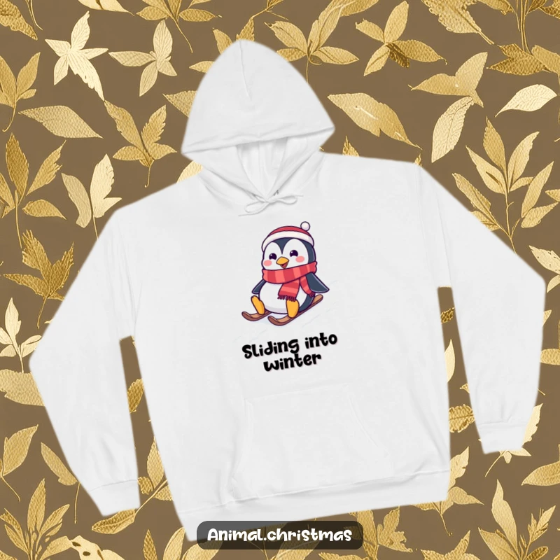 Funny hoodie of a penguin wearing a festive scarf, joyfully sliding down a snowy hill, exuding winter fun and charm.