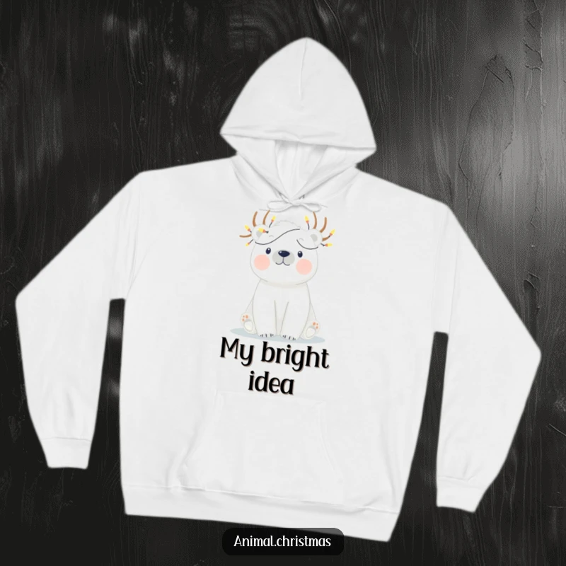 Funny hoodie with a polar bear humorously entangled in twinkling Christmas lights, offering cozy and festive apparel.