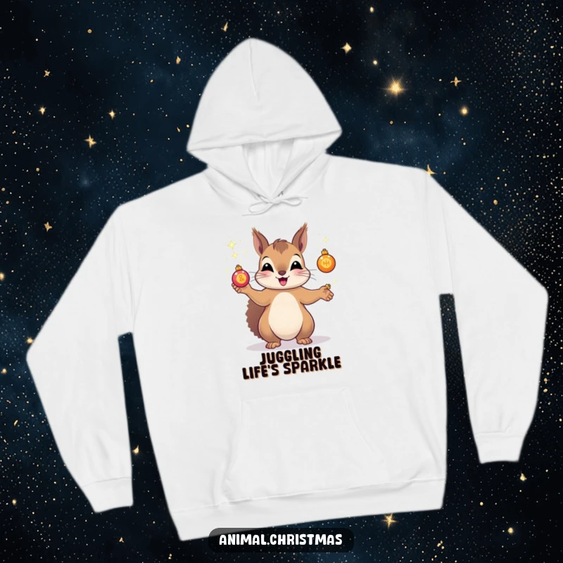 Funny hoodie of a squirrel energetically juggling tiny, sparkling Christmas ornaments, exuding festive fun and whimsical charm.