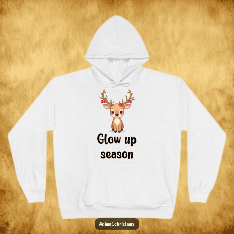 Funny hoodie with a deer's festive antlers adorned with glowing berries, offering warmth and enchanting woodland vibes.