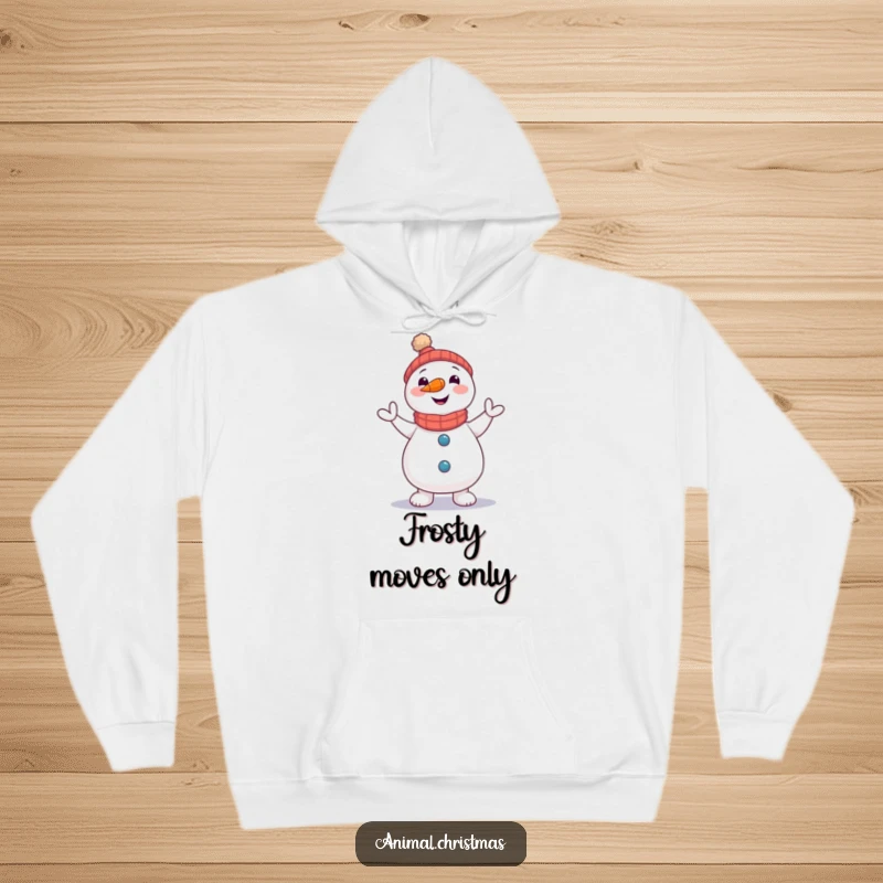 Funny Snowman Jig Hoodie: A snowman with a carrot nose doing a little jig, perfect for cozy winter wear.