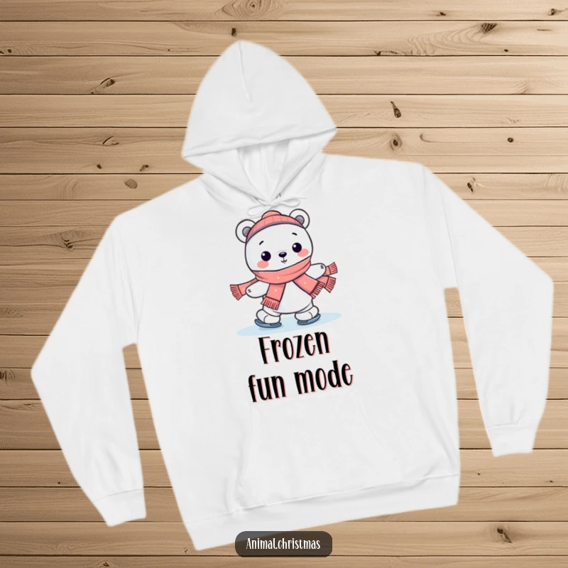 Funny kawaii polar bear ice skating with a scarf on a warm hoodie, embodying cozy winter humor.