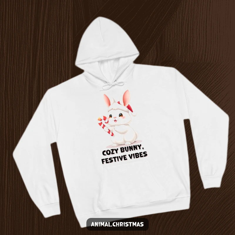 Funny Christmas hoodie showcasing a fluffy white bunny in a Santa hat joyfully holding a glowing candy cane for ultimate coziness.