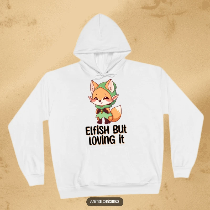 Funny elf fox hoodie, a mischievous character giggling, dressed as an elf, cozy and stylish.
