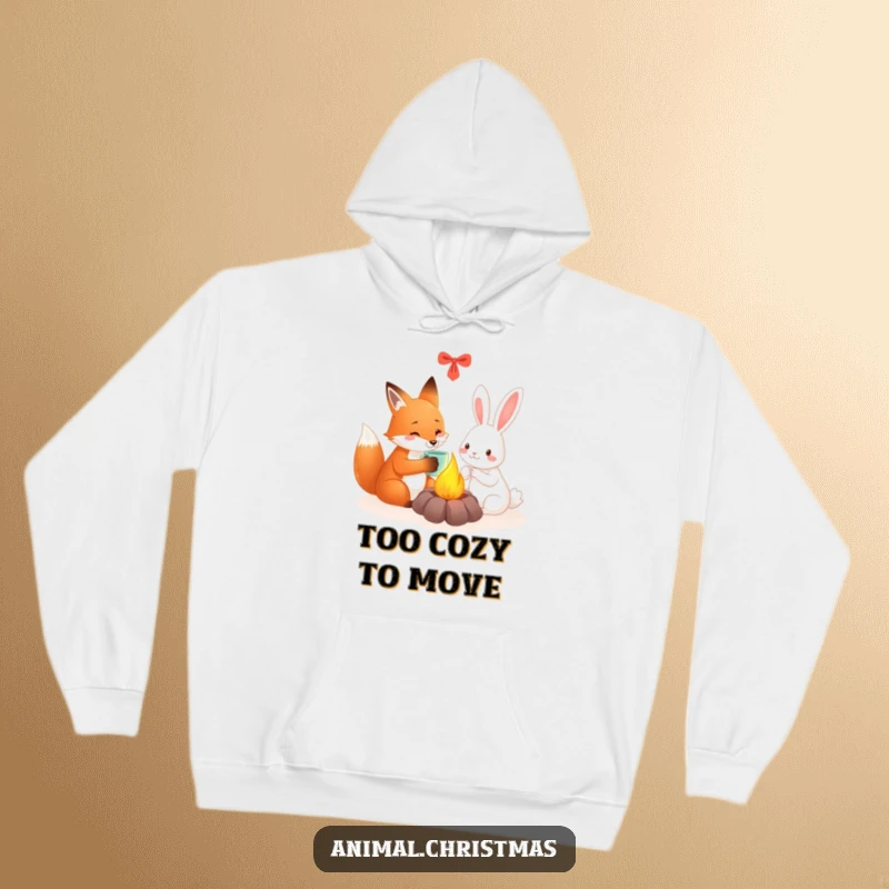 Funny hoodie depicting a fox and a rabbit sharing a warm mug beside a festive fire, symbolizing comfort and friendship.