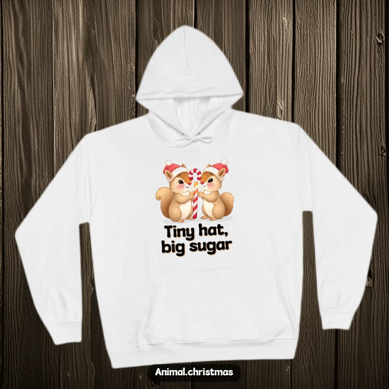 Funny squirrel Christmas hoodie featuring two squirrels in tiny hats sharing a glowing candy cane, offering warmth and holiday cheer.