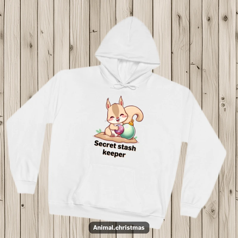 Funny hoodie featuring a happy squirrel tucking away a shiny ornament, showcasing festive fun and coziness.