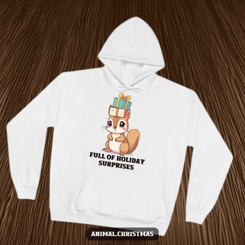 Funny Christmas hoodie showing a small squirrel with wide eyes, expertly balancing a tower of wrapped presents on its head.