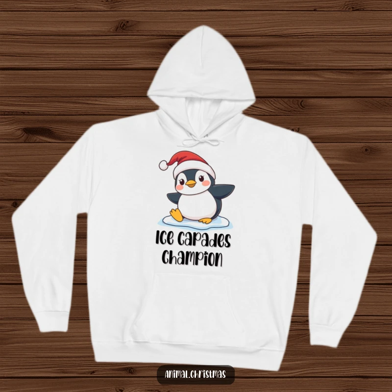 Funny Penguin Slip Hoodie, a cute penguin wearing a Santa hat comically slipping on ice, offering warmth and winter-themed humor for cozy wear.