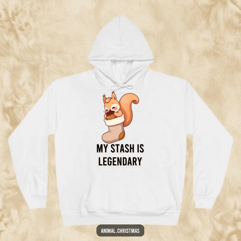 Funny kawaii squirrel hoodie, stuffing a large acorn into a Christmas stocking, warm and cozy holiday clothing, cute and festive.