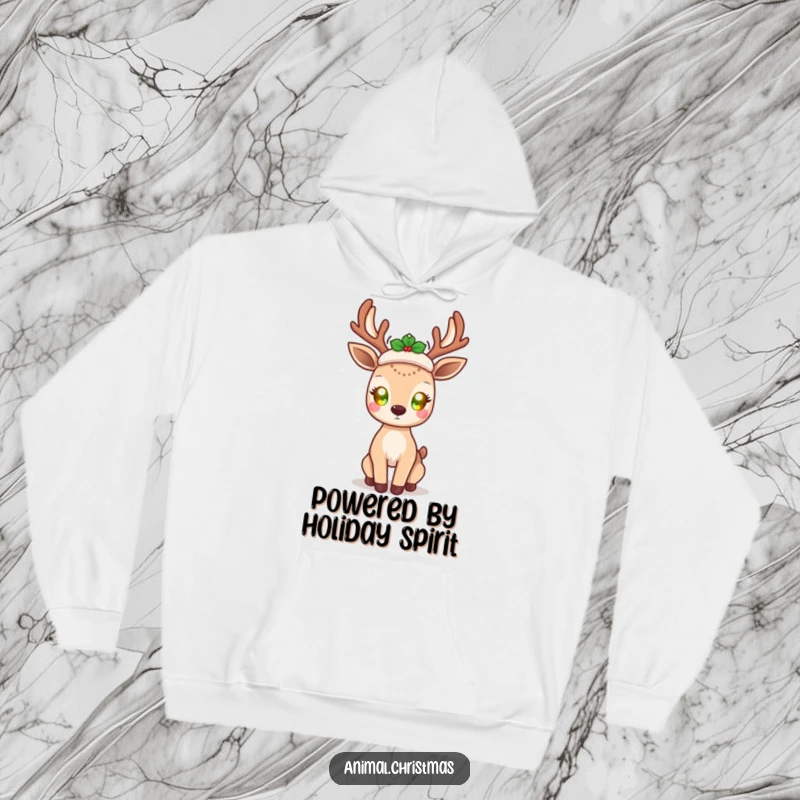 Funny kawaii deer hoodie, with glowing eyes, radiating holiday cheer, warm and cozy holiday wear, cute and magical design.