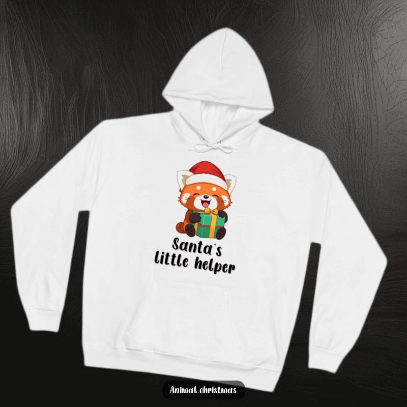 Funny red panda Santa hoodie featuring a red panda joyfully unwrapping a gift while wearing a Santa hat, perfect for cozy celebrations.