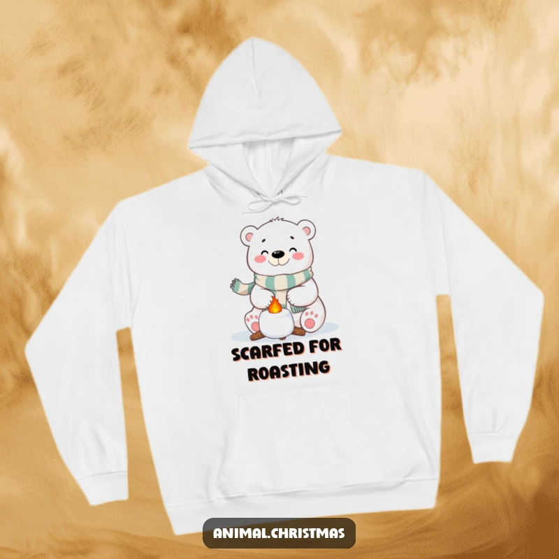 Funny Polar Bear Marshmallow Hoodie: A polar bear with a festive scarf happily roasting a marshmallow, perfect for cozy wear.
