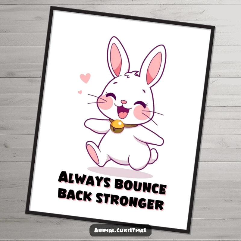 Funny Free Printable Wall Art: An energetic bunny wearing a jingle bell collar is captured mid-bounce with glee.