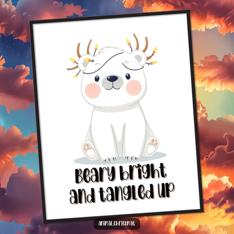 Funny Free Printable Wall Art: A polar bear with twinkling lights tangled around its antlers brings quirky charm.
