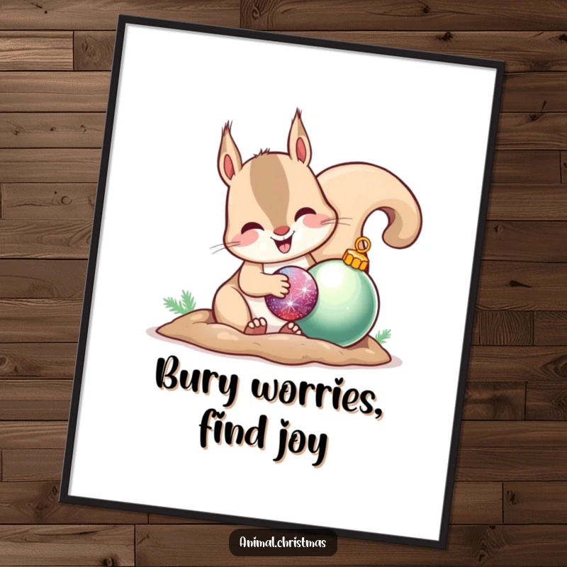 Funny Free Printable Wall Art: A gleeful squirrel happily hides a shiny ornament, adding a touch of playful charm to decor.