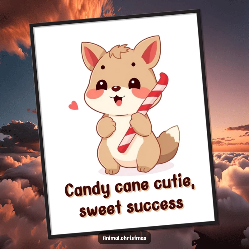 Funny Free Printable Wall Art of a happy animal caroling with a candy cane, bringing festive cheer.