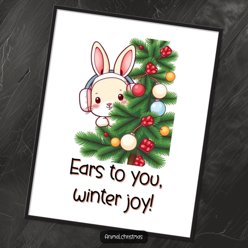 Funny Free Printable Wall Art: A rabbit in warm earmuffs peeks from behind a decorated pine tree, creating a charming winter scene.